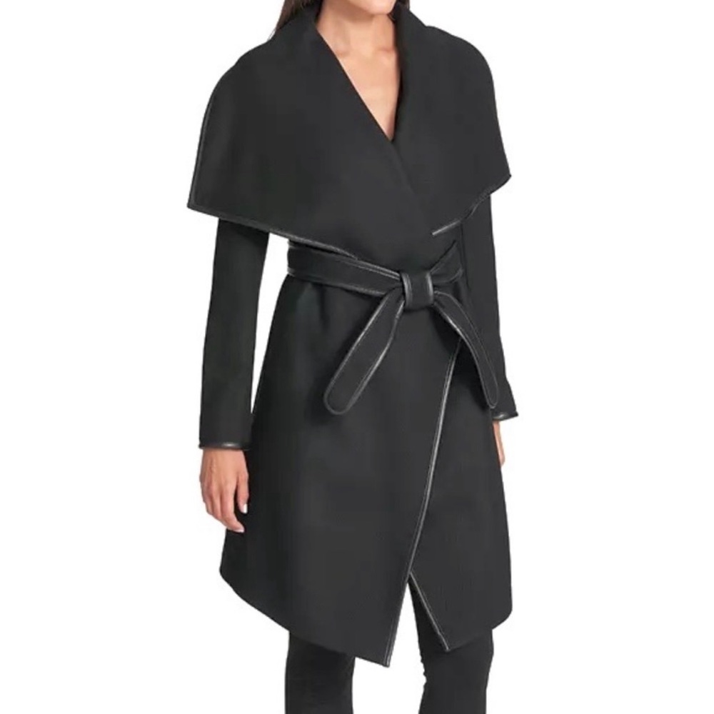 Small DKNY Long black Wool Wrap Coat Leather Piping Trim